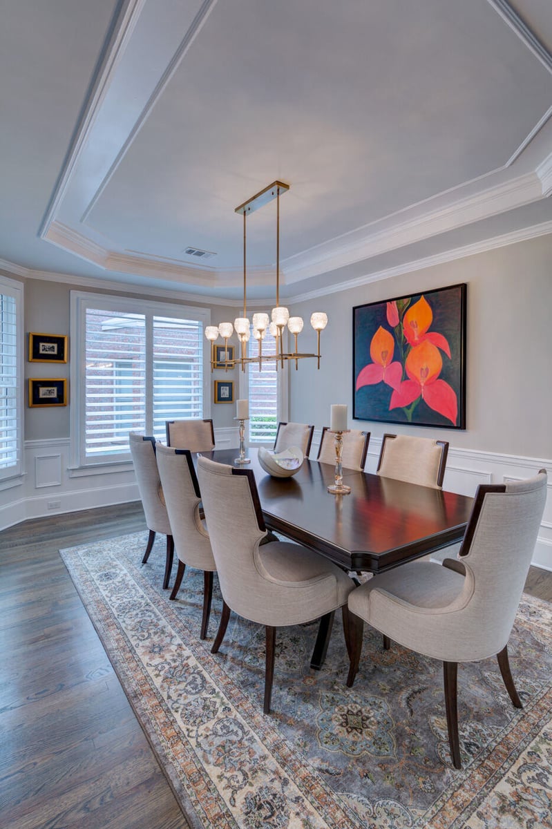 Formal dining room remodel with custom ceiling and modern chandelier by Silver Oak Remodel in Sandy Springs, GA